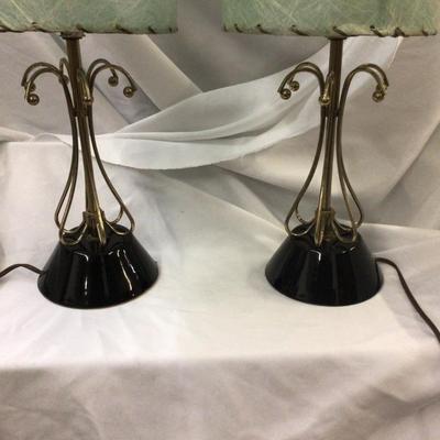 Vintage MCM Black Glass and Metal Table Lamps with Blue Spaghetti Lamp Shades