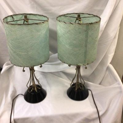 Vintage MCM Black Glass and Metal Table Lamps with Blue Spaghetti Lamp Shades