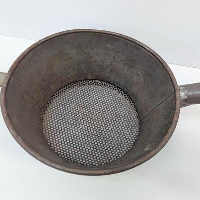 Vintage Kitchen Tin Cup Sifter Sieve & Primitive Copper Pitcher & Cup Farmhouse