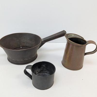 Vintage Kitchen Tin Cup Sifter Sieve & Primitive Copper Pitcher & Cup Farmhouse