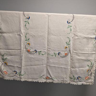 Vintage Embroidered Table Cloth Approx 53" x 68"