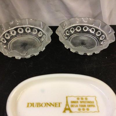 Large Glass Jug, Two Glass Open Dishes, Fire King Covered Dish DuBonnet Tray