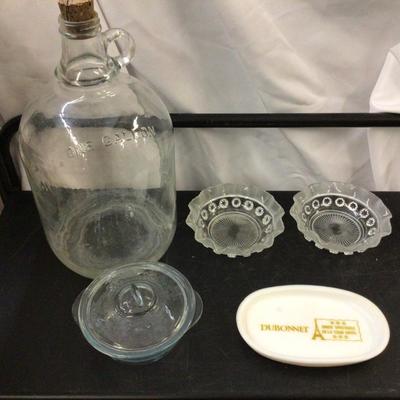 Large Glass Jug, Two Glass Open Dishes, Fire King Covered Dish DuBonnet Tray