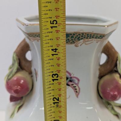 15" Tall Fine Chinese Porcelain Vase With Butterflies Birds & Pomegranate Fruit Handles