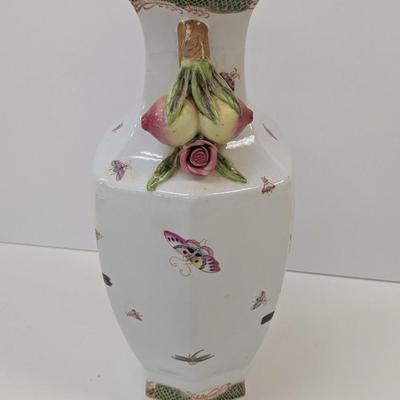 15" Tall Fine Chinese Porcelain Vase With Butterflies Birds & Pomegranate Fruit Handles