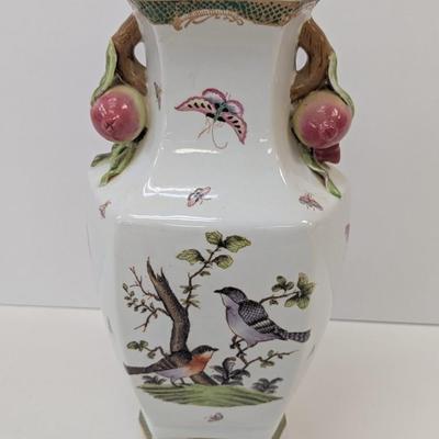 15" Tall Fine Chinese Porcelain Vase With Butterflies Birds & Pomegranate Fruit Handles