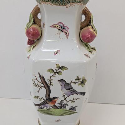 15" Tall Fine Chinese Porcelain Vase With Butterflies Birds & Pomegranate Fruit Handles