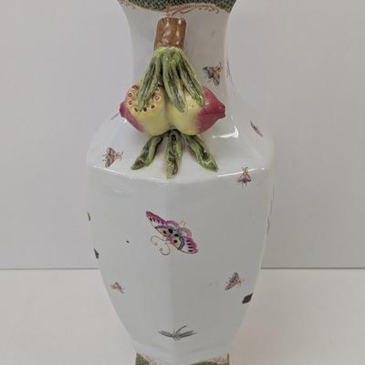 15" Tall Fine Chinese Porcelain Vase With Butterflies Birds & Pomegranate Fruit Handles