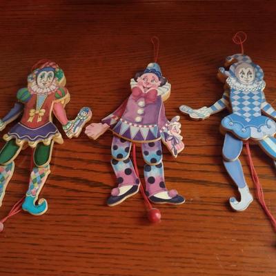 Three Pull String Wooden Clown Toys