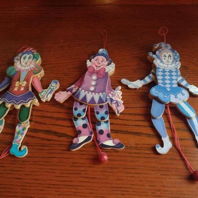 Three Pull String Wooden Clown Toys