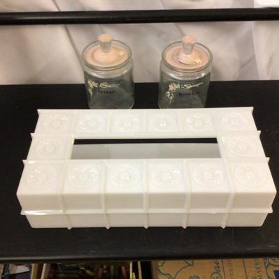 Bathroom Glass Canisters and Plastic Tissue Holder