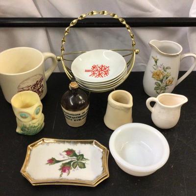 Sale Photo Thumbnail #71: You get a variety of kitchen table accessories.  Pony Express coffee mug, Sleepy Eye MN jug, owl tooth pick holder, two bone trays, set salts in tray, milk glass salt.