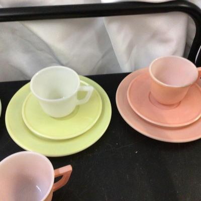 Sale Photo Thumbnail #79: You get four sets of dinner plate, cup, and saucers in four colors.  There is blue, pink, yellow, and green.  You also get pink cream and sugar. All in great condition.