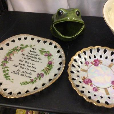 Vintage Plates, Bowl, and Frog Sponge Holder