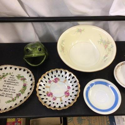 Vintage Plates, Bowl, and Frog Sponge Holder
