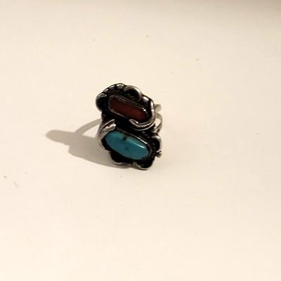 STERLING, TURQUOISE & CORAL RING SIZE 6 1/2