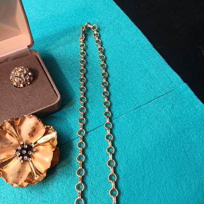 NOLAN MILLER RHINESTONE CLIP ON EARRINGS, GOLD-TONE CHAINS AND BROOCH