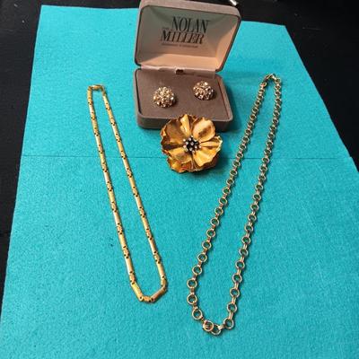 NOLAN MILLER RHINESTONE CLIP ON EARRINGS, GOLD-TONE CHAINS AND BROOCH