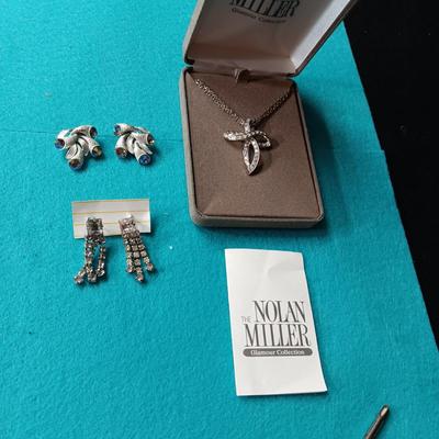 NOLAN MILLER RHINESTONE PENDANT AND CHAIN PLUS RHINESTONE EARRINGS