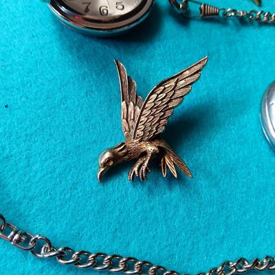 WORKING INGRAHAM POCKET WATCH, EAGLE PIN, TIE TACKS & CLIP, ONE RAILROAD THEME POCKET WATCH DOES NOT WORK