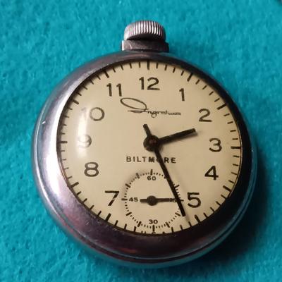 WORKING INGRAHAM POCKET WATCH, EAGLE PIN, TIE TACKS & CLIP, ONE RAILROAD THEME POCKET WATCH DOES NOT WORK