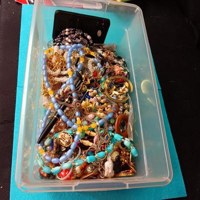 SHOE BOX SIZE FULL OF BROKEN JEWELRY OR SINGLE EARRINGS