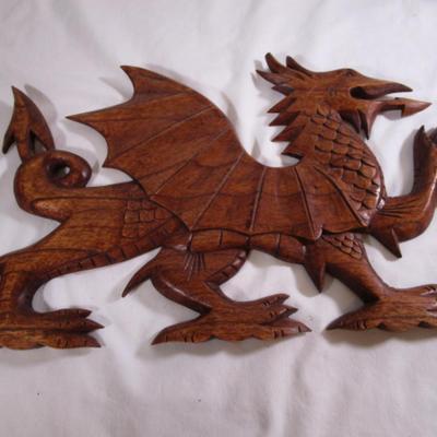 Hand-carved wood Welsh dragon wall hanging