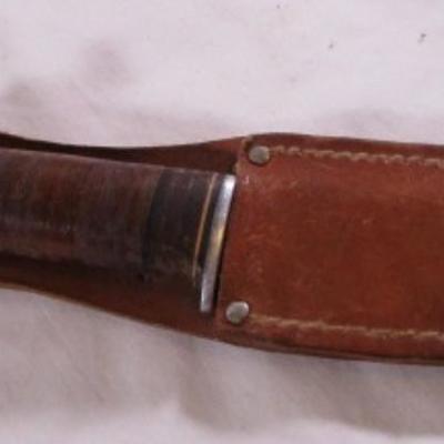 Sale Photo Thumbnail #144: Leather-wrapped handle, good  leather sheath, blade is 4-1/4", overall length is 8-3/4"