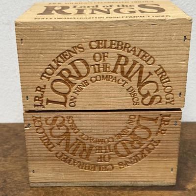 Sale Photo Thumbnail #267: The original Lord of the Rings Trilogy in a nice wooden storage box.  Covers "The Fellowship of the Rings", "The Two Towers", and "The Return of the King". Each disc is approx. 70 minutes long, From the original 1979 recording, digitally remastered in 199