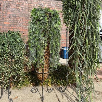 FLOWING FAUX PLANTS IN WEAVED WICKER AND IRON HOLDERS
