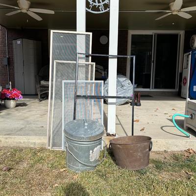 3 METAL WINDOW SCREENS, METAL LOCKING LID CAN, METAL BUCKET WITH “O” RING HANDLES AND REAL ESTATE SIGN HOLDER