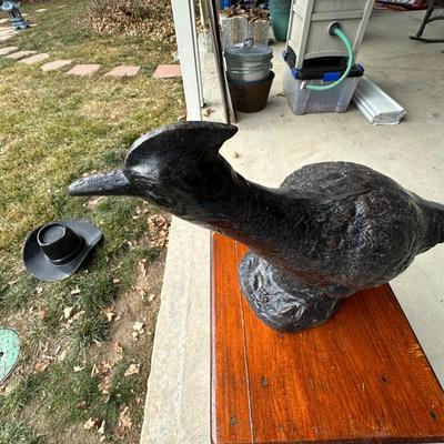 ALUMINUM COWBOY HAT, ALUMINUM BIRD AND WOOD PLANT STAND