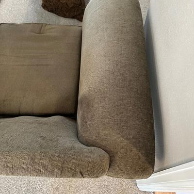 COMFORTABLE OLIVE GREEN ARMCHAIR WITH REVERSIBLE CUSHIONS AND OTTOMAN