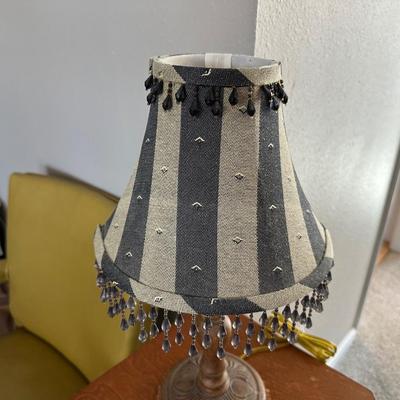VINTAGE ARM CHAIR WITH CUSHION, NARROW END TABLE AND VINTAGE LAMP
