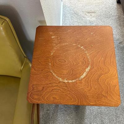 VINTAGE ARM CHAIR WITH CUSHION, NARROW END TABLE AND VINTAGE LAMP
