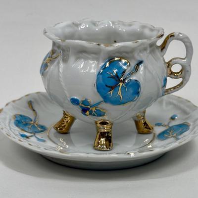Vintage Demitasse Cup & Saucer blue flowers, gold leaf, three footed cup with rope handle