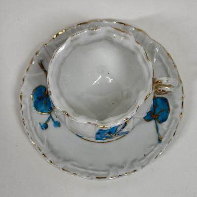 Vintage Demitasse Cup & Saucer blue flowers, gold leaf, three footed cup with rope handle