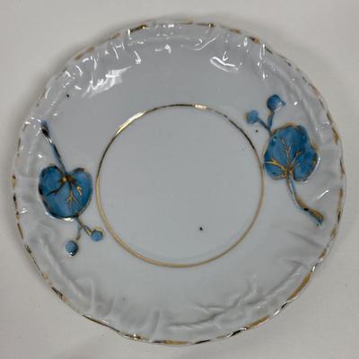 Vintage Demitasse Cup & Saucer blue flowers, gold leaf, three footed cup with rope handle