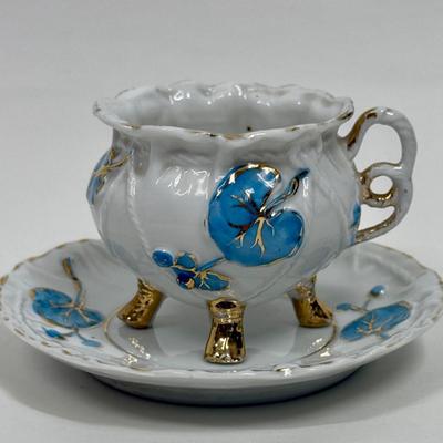 Vintage Demitasse Cup & Saucer blue flowers, gold leaf, three footed cup with rope handle