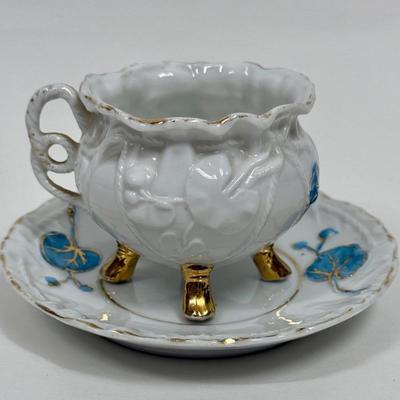 Vintage Demitasse Cup & Saucer blue flowers, gold leaf, three footed cup with rope handle