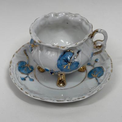 Vintage Demitasse Cup & Saucer blue flowers, gold leaf, three footed cup with rope handle