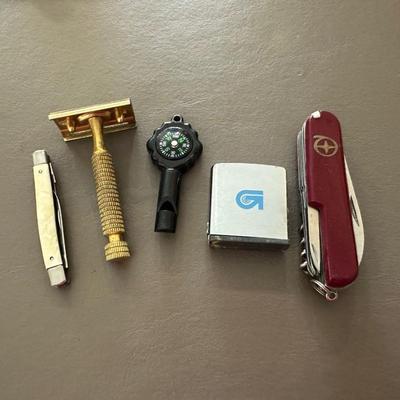 MULTI FUNCTION POCKET KNIFE, COMPASS WHISTLE, SMALL TAPE MEASURE, IMPERIAL POCKET KNIFE AND SAFETY RAZOR