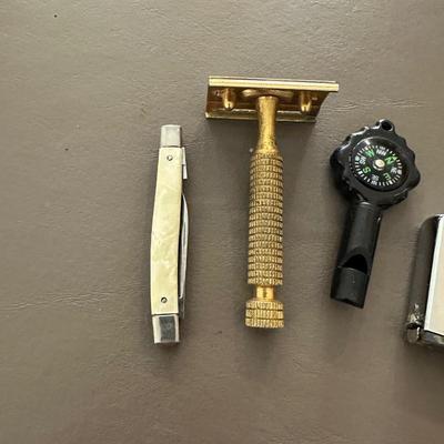 MULTI FUNCTION POCKET KNIFE, COMPASS WHISTLE, SMALL TAPE MEASURE, IMPERIAL POCKET KNIFE AND SAFETY RAZOR