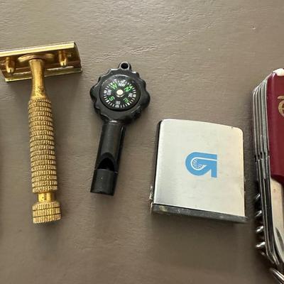 MULTI FUNCTION POCKET KNIFE, COMPASS WHISTLE, SMALL TAPE MEASURE, IMPERIAL POCKET KNIFE AND SAFETY RAZOR