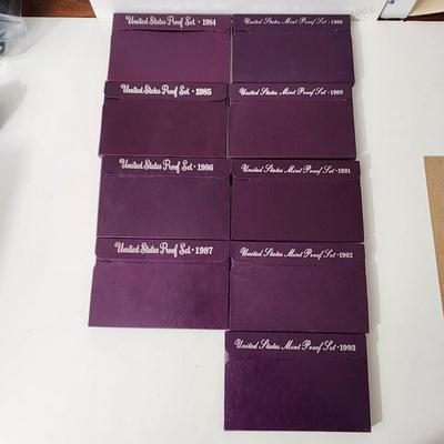 9 sets of United States Mint Proof Sets 1984,85,86,87,88,89,91,92,93