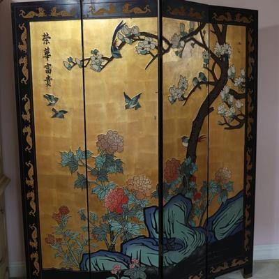 Vintage Oriental Asian Gold Four Panel Screen Room Divider