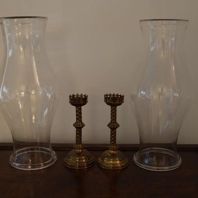 Pair of Candlesticks with 18" Glass Hurricane Shades