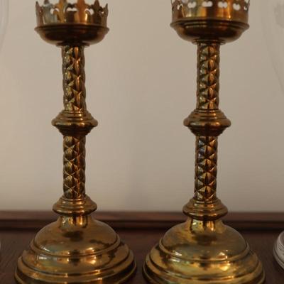 Pair of Candlesticks with 18" Glass Hurricane Shades
