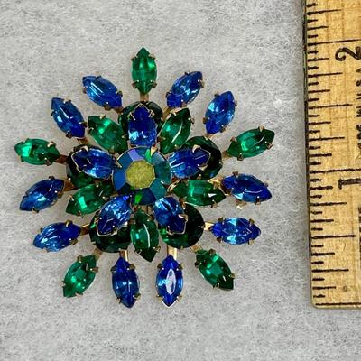 Vintage blue and green Rhinestone Pin