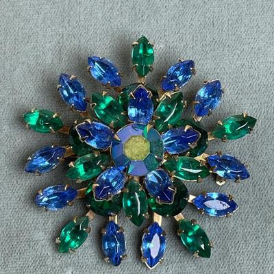 Vintage blue and green Rhinestone Pin